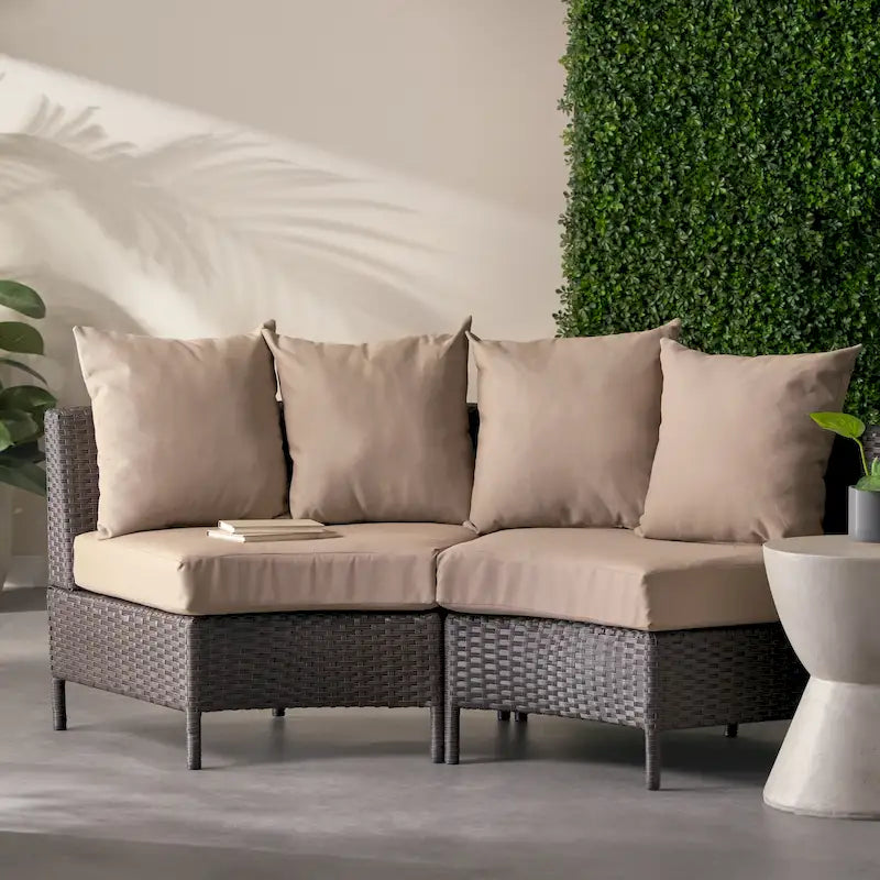 Newton Wicker Outdoor Curved Loveseat Sectional with Cushions by Christopher Knight Home