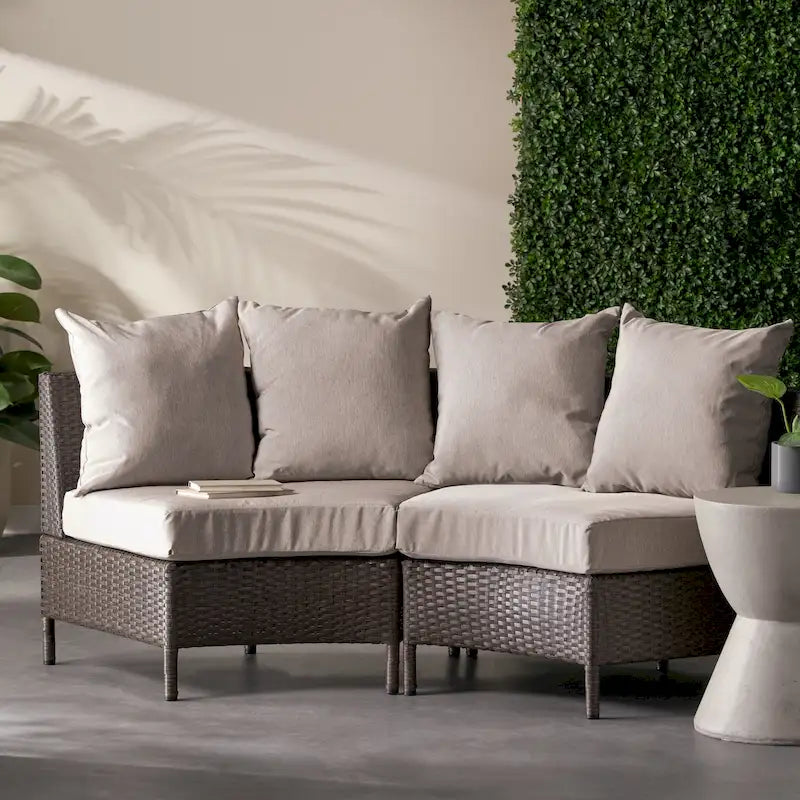 Newton Wicker Outdoor Curved Loveseat Sectional with Cushions by Christopher Knight Home