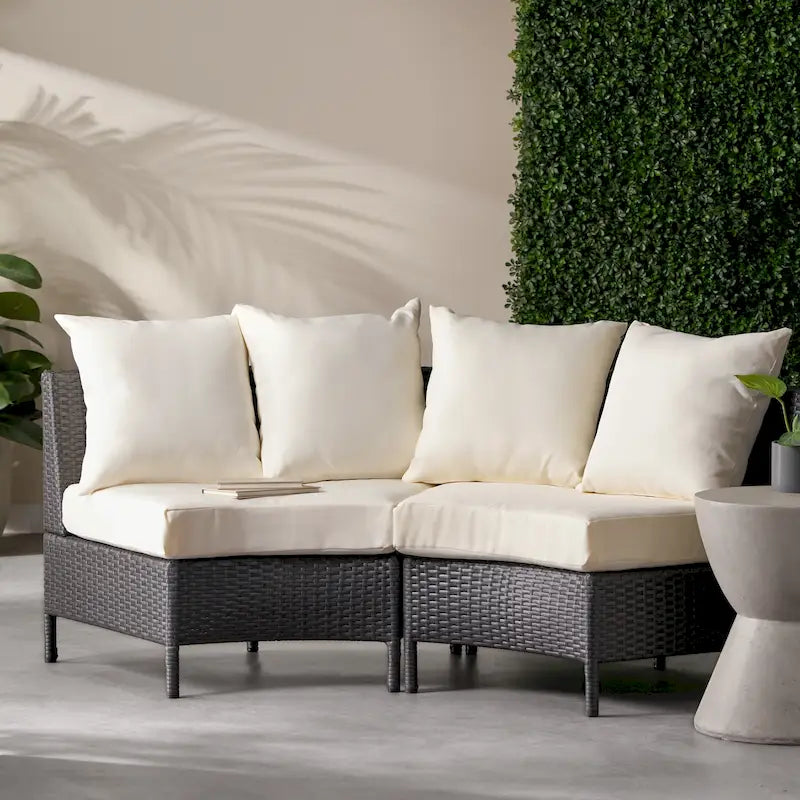 Newton Wicker Outdoor Curved Loveseat Sectional with Cushions by Christopher Knight Home