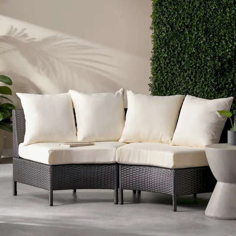 Newton Wicker Outdoor Curved Loveseat Sectional with Cushions by Christopher Knight Home
