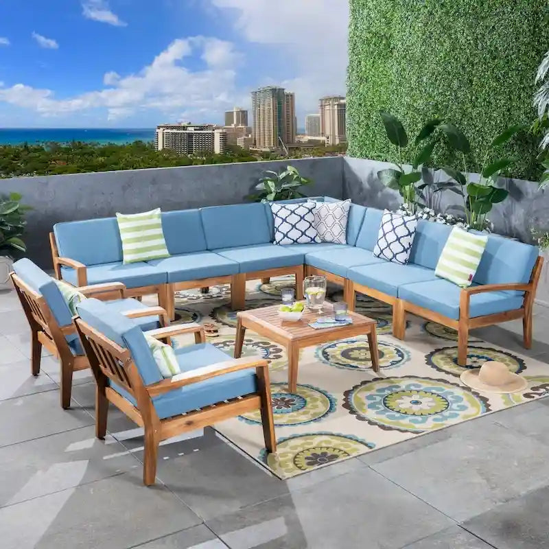 Grenada Outdoor Acacia Wood 9-seater Sectional Sofa Chat Set by Christopher Knight Home