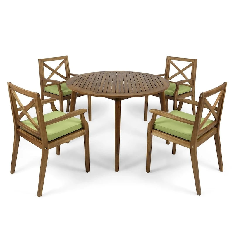 Pines Outdoor 5 Piece Acacia Wood Dining Set with Cushions by Christopher Knight Home
