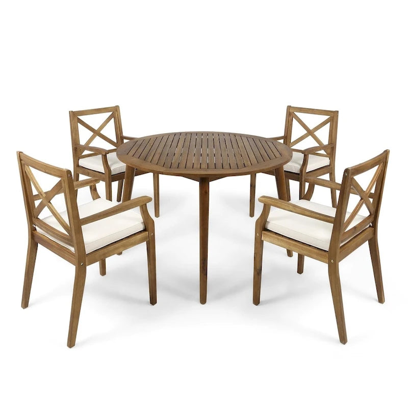 Pines Outdoor 5 Piece Acacia Wood Dining Set with Cushions by Christopher Knight Home