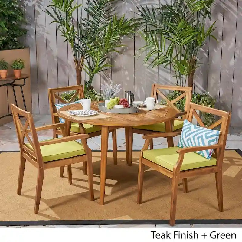 Pines Outdoor 5 Piece Acacia Wood Dining Set with Cushions by Christopher Knight Home