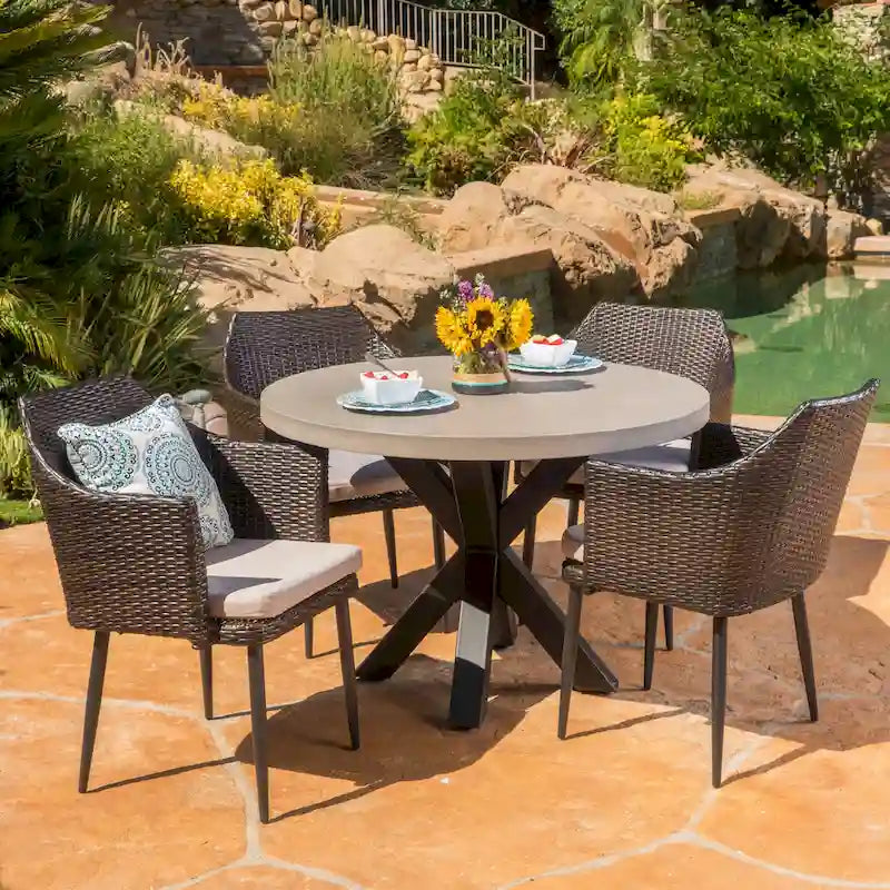 Nyla Outdoor 5-Piece Round Wicker Light Weight Concrete Dining Set with Cushions by Christopher Knight Home