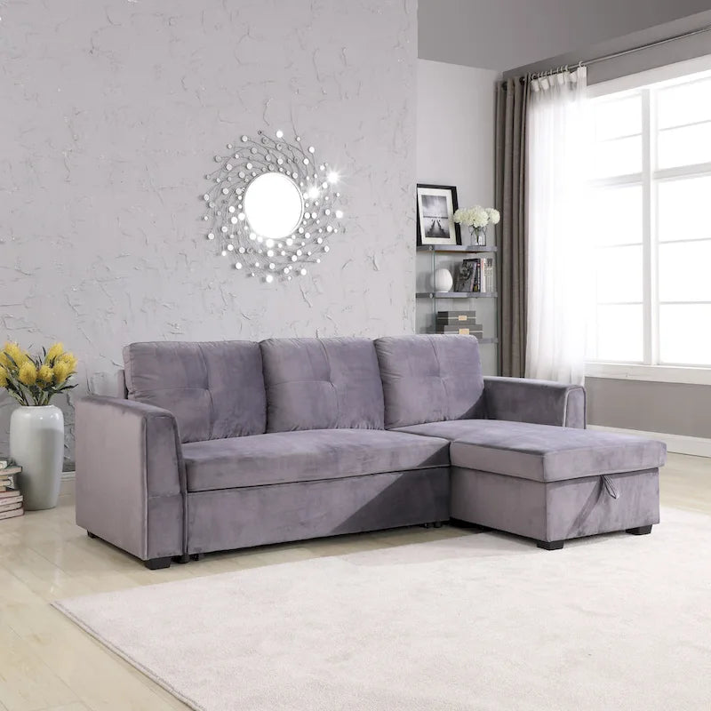91-in. Velvet Reversible Convertible Storage Sectional/Sofa Sleeper