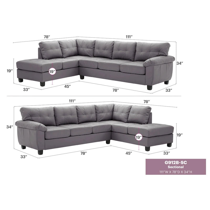 111 in. W 2-piece Faux Leather L Shape Sectional Sofa - 78L x 111W x 32H