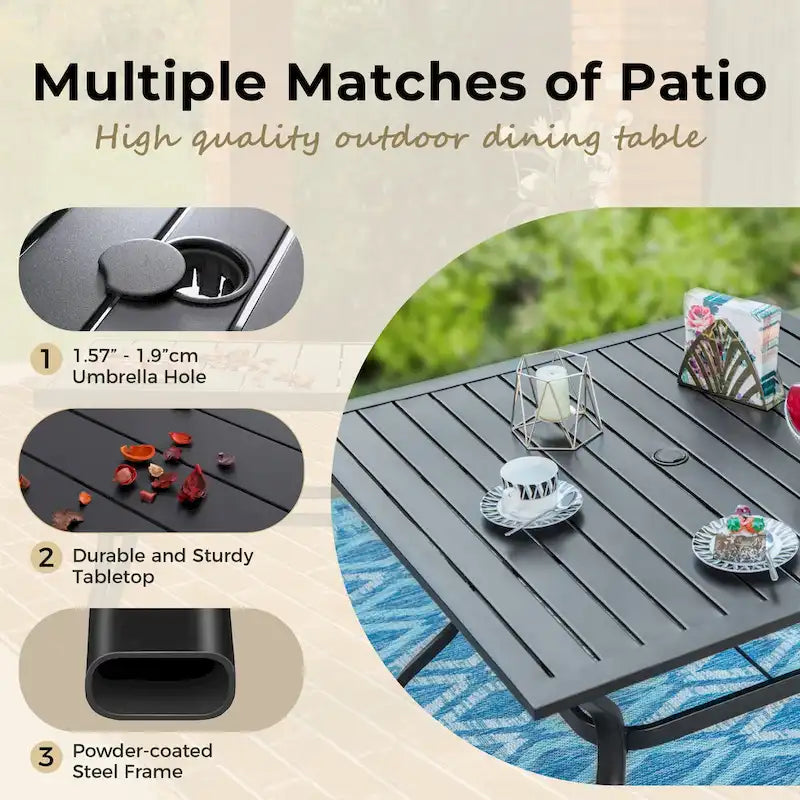 MAISON ARTS Oversized 5-Piece Metal Patio Dining Set with 4 Padded Chairs and Square Table - Black