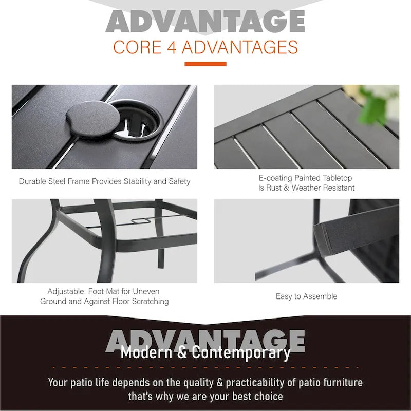 MAISON ARTS Oversized 5-Piece Metal Patio Dining Set with 4 Padded Chairs and Square Table - Black