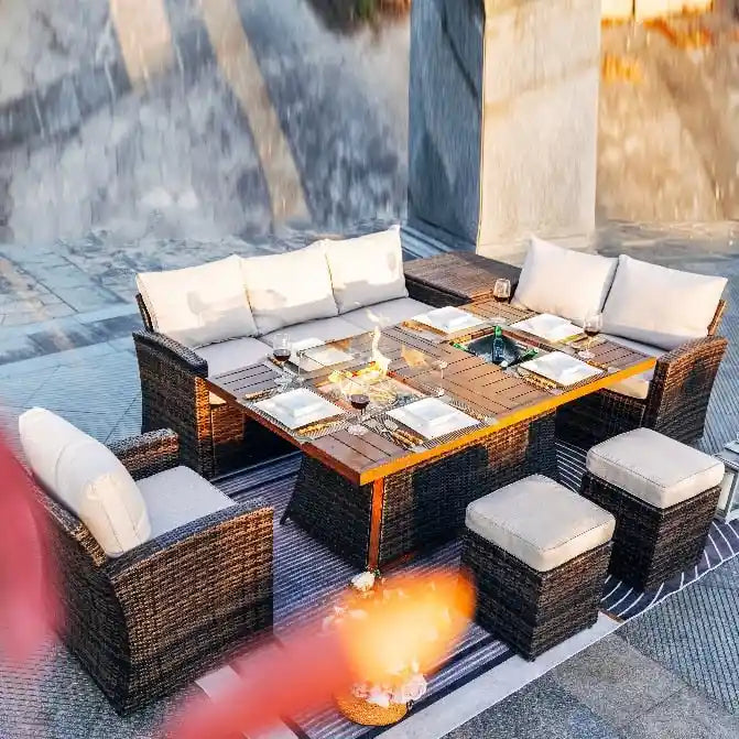 7-Piece Patio Aluminum Frame Conversational Sofa Set Dining Set with Gas Fire pit and Ice bucket Rectangle Dining Table