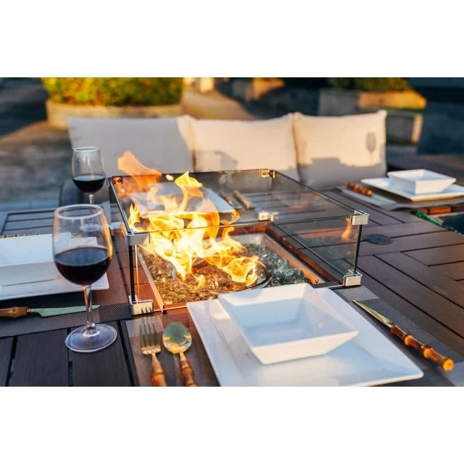 7-Piece Patio Aluminum Frame Conversational Sofa Set Dining Set with Gas Fire pit and Ice bucket Rectangle Dining Table