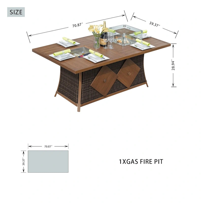 7-Piece Patio Aluminum Frame Conversational Sofa Set Dining Set with Gas Fire pit and Ice bucket Rectangle Dining Table