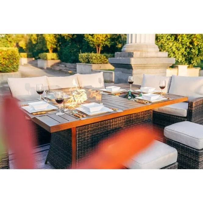 7-Piece Patio Aluminum Frame Conversational Sofa Set Dining Set with Gas Fire pit and Ice bucket Rectangle Dining Table