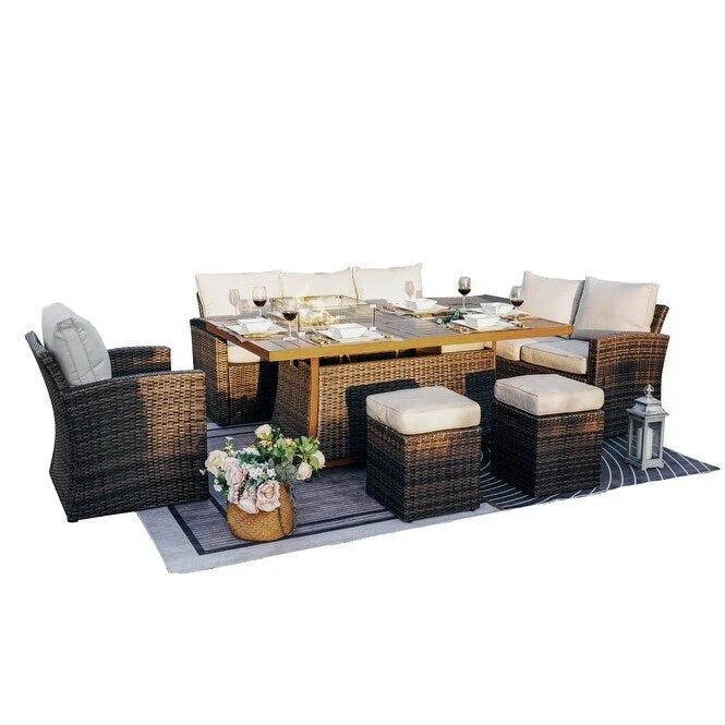 7-Piece Patio Aluminum Frame Conversational Sofa Set Dining Set with Gas Fire pit and Ice bucket Rectangle Dining Table