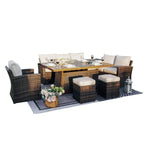 7-Piece Patio Aluminum Frame Conversational Sofa Set Dining Set with Gas Fire pit and Ice bucket Rectangle Dining Table