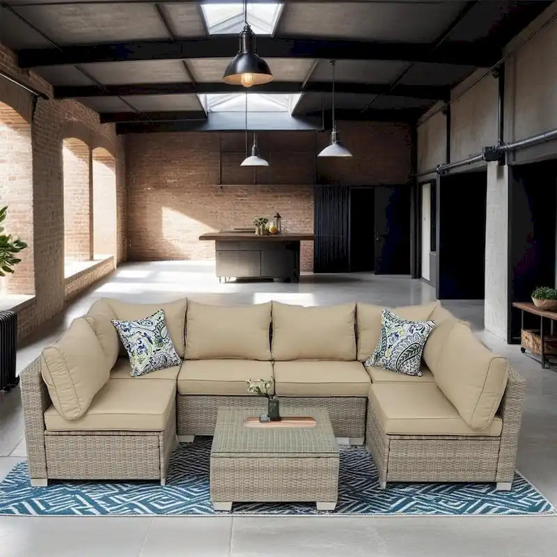Outdoor 7 Pieces Patio Furniture Wicker Sectional Sofa Set