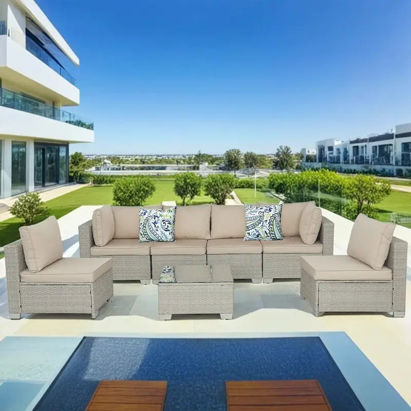 Outdoor 7 Pieces Patio Furniture Wicker Sectional Sofa Set