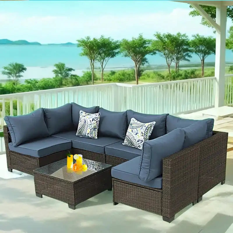 Outdoor 7 Pieces Patio Furniture Wicker Sectional Sofa Set