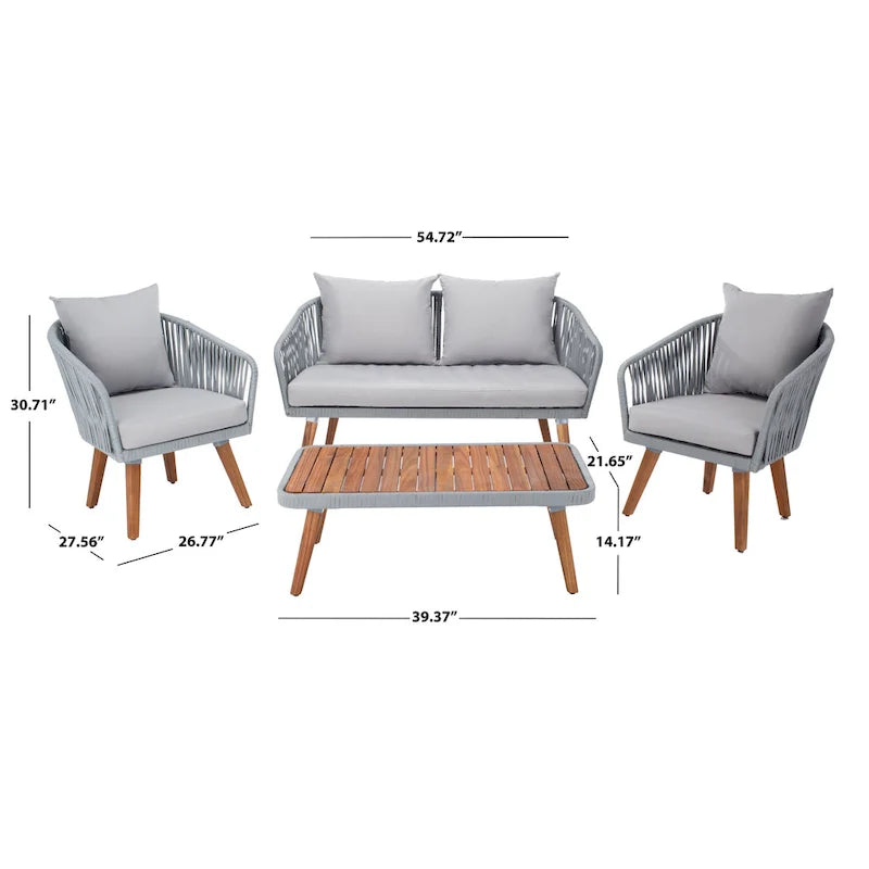 SAFAVIEH Outdoor Amelie 4 Piece Coastal Patio Chat Set - 55W x 31D x 28H