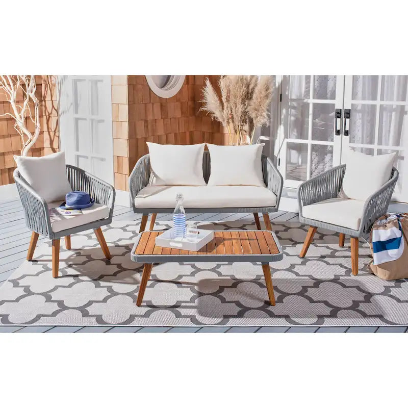 SAFAVIEH Outdoor Amelie 4 Piece Coastal Patio Chat Set - 55W x 31D x 28H