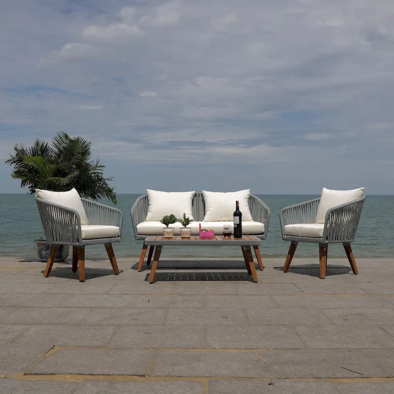 SAFAVIEH Outdoor Amelie 4 Piece Coastal Patio Chat Set - 55W x 31D x 28H