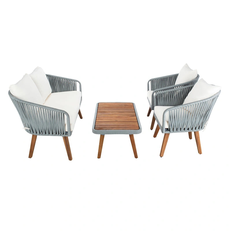 SAFAVIEH Outdoor Amelie 4 Piece Coastal Patio Chat Set - 55W x 31D x 28H