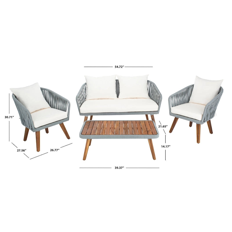 SAFAVIEH Outdoor Amelie 4 Piece Coastal Patio Chat Set - 55W x 31D x 28H