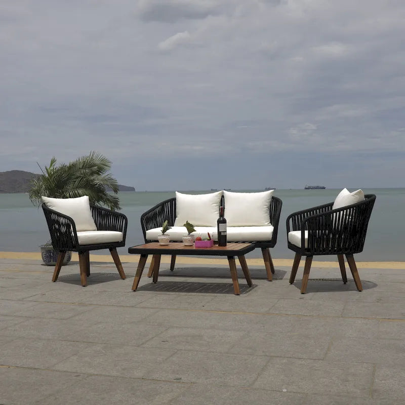 SAFAVIEH Outdoor Amelie 4 Piece Coastal Patio Chat Set - 55W x 31D x 28H
