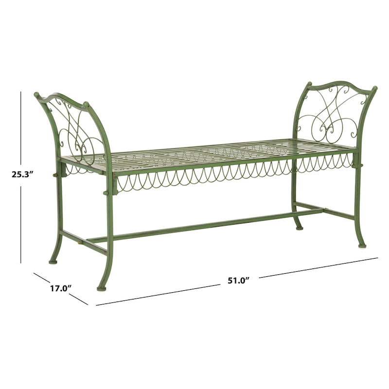 SAFAVIEH Outdoor Abagail Green Wrought Iron Garden Bench - 51 x 17 x 25.3 - 51Wx16Dx27H