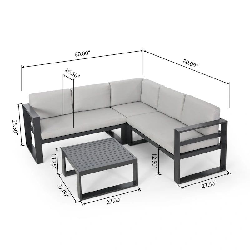 Dursley Outdoor Aluminum Sectional Sofa with Coffee Table by Christopher Knight Home