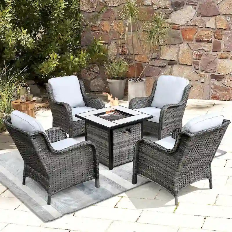 OVIOS 5-piece Patio Wicker Chairs Set with 30 Fire Table