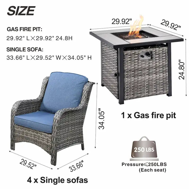 OVIOS 5-piece Patio Wicker Chairs Set with 30 Fire Table