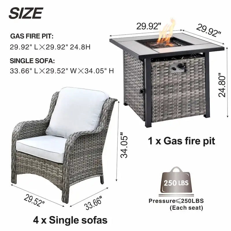 OVIOS 5-piece Patio Wicker Chairs Set with 30 Fire Table