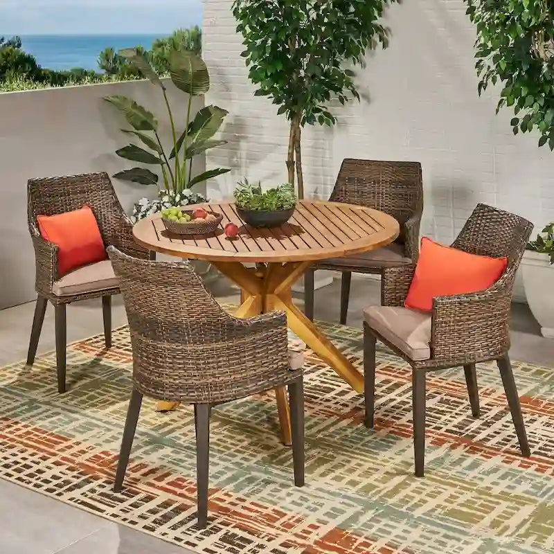 Ryan Outdoor 5-piece Round Wicker Wood Dining Set with Cushions by Christopher Knight Home