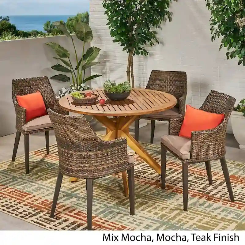 Ryan Outdoor 5-piece Round Wicker Wood Dining Set with Cushions by Christopher Knight Home