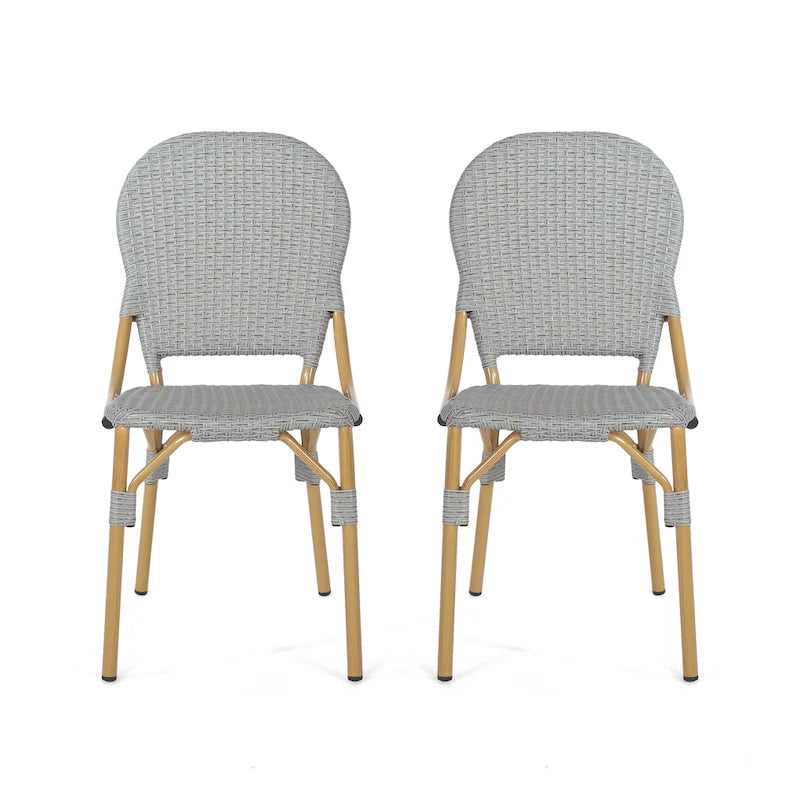 Arthur Outdoor French Cafe Chairs - Aluminum and Wicker - Gray/Bamboo Finish (Set of 2) - 17.75 L x 23.00 W x 34.50 H
