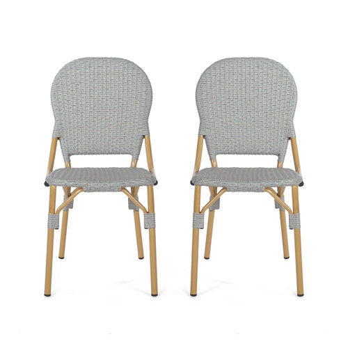 Arthur Outdoor French Cafe Chairs - Aluminum and Wicker - Gray/Bamboo Finish (Set of 2) - 17.75 L x 23.00 W x 34.50 H