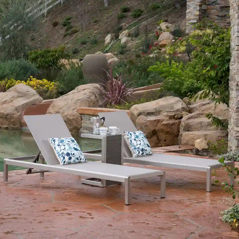 Cape Coral Mesh and Aluminum 3-piece Chaise Lounge with End Table Set by Christopher Knight Home