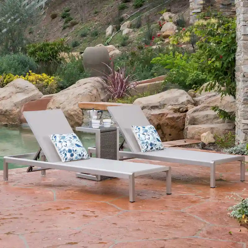 Cape Coral Mesh and Aluminum 3-piece Chaise Lounge with End Table Set by Christopher Knight Home