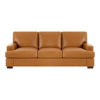 Genuine Leather Sofa with Luxurious Comfort, Goose Feather Cushion Filling, Square Arm Design, Sturdy Block Legs