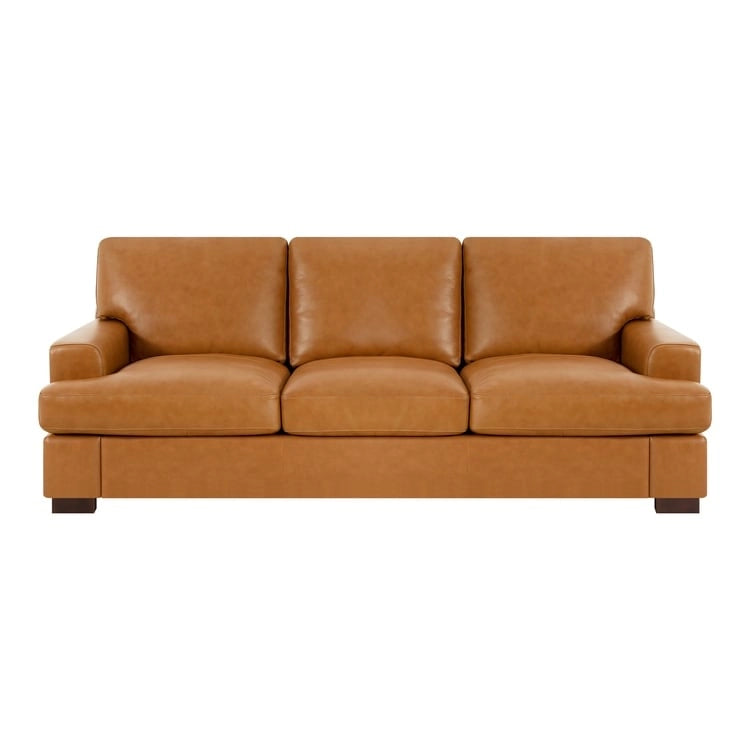 Genuine Leather Sofa with Luxurious Comfort, Goose Feather Cushion Filling, Square Arm Design, Sturdy Block Legs
