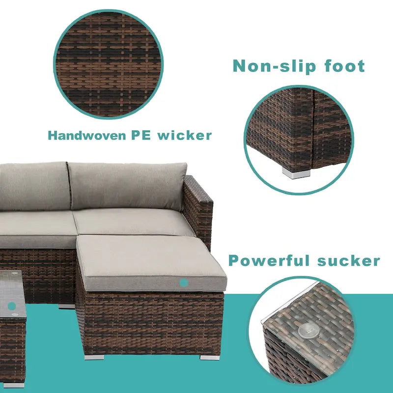 COSIEST Outdoor 6-Piece Wicker Sectional Sofa, Armchair with Ottoman
