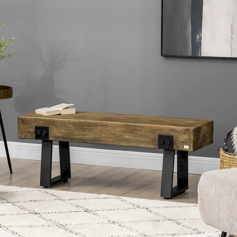 HOMCOM Garden Bench with Metal Legs, Rustic Wood Effect Concrete Dining Bench, Indoor or Outdoor Use, Natural and Black