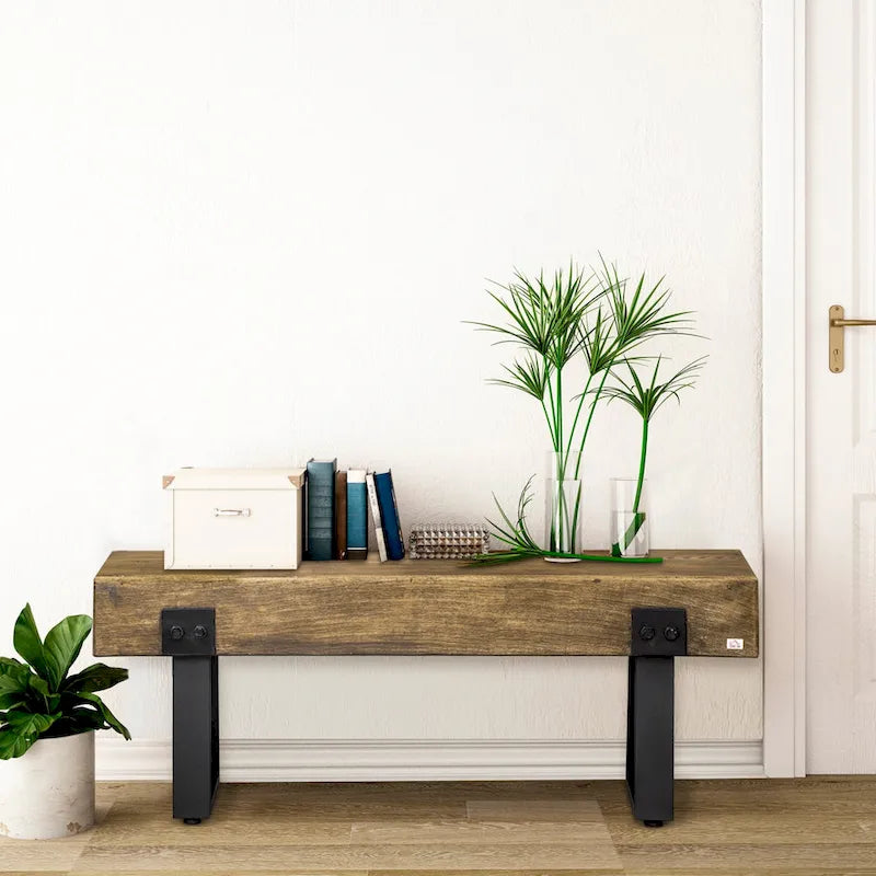 HOMCOM Garden Bench with Metal Legs, Rustic Wood Effect Concrete Dining Bench, Indoor or Outdoor Use, Natural and Black