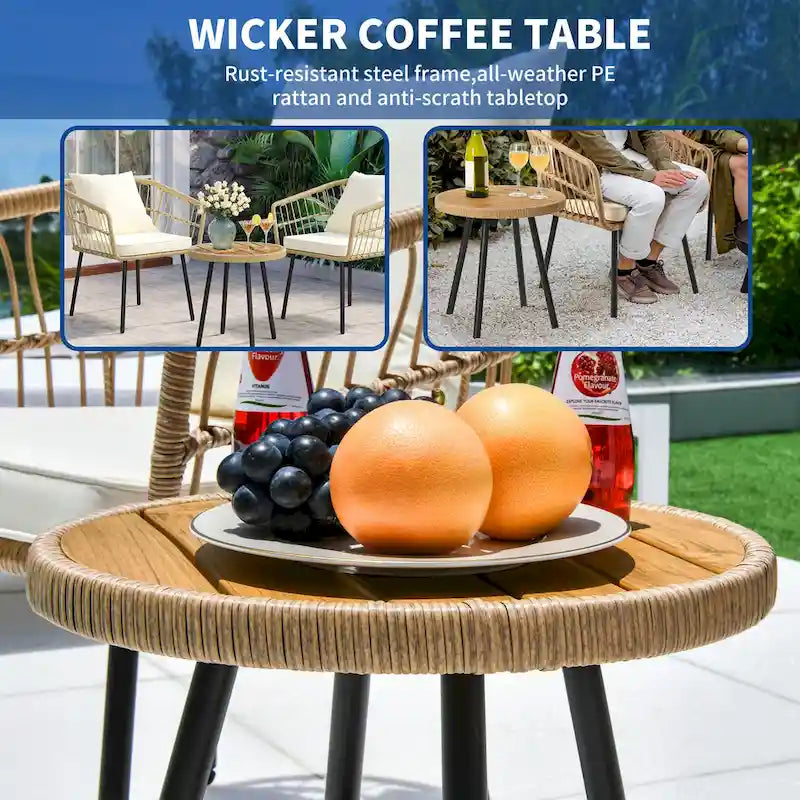 Moasis 3 Pieces Outdoor Wicker Rattan Patio Conversation Bistro Set