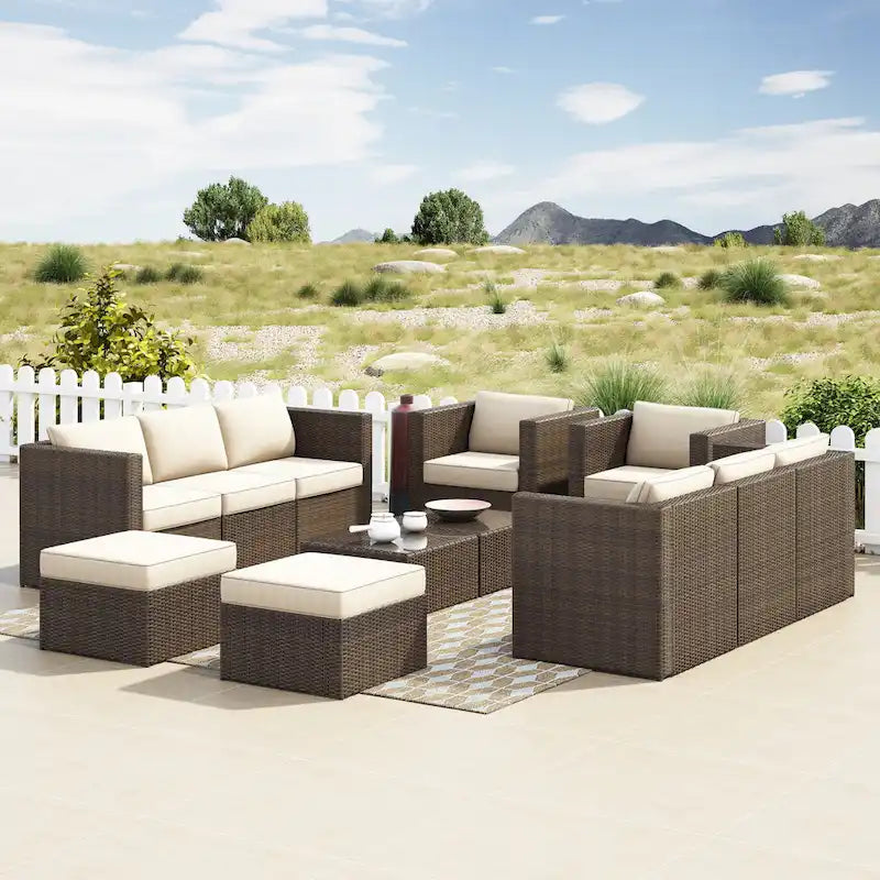 Corvus Trey 12-piece Brown Wicker Patio Furniture Sectional Conversation Set