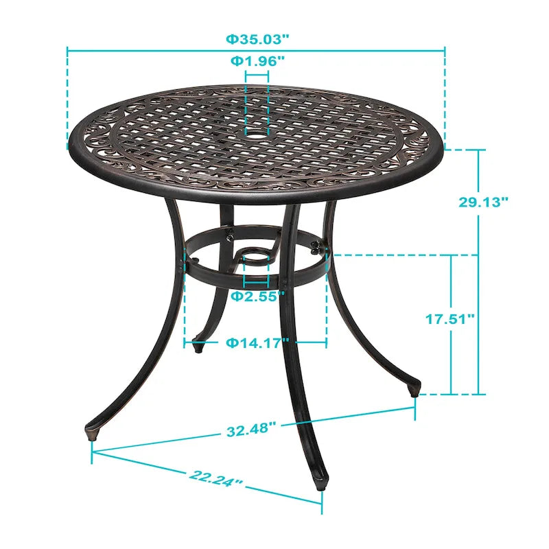 NUU GARDEN 35 Patio Cast Aluminum Dining Table with Umbrella Hole
