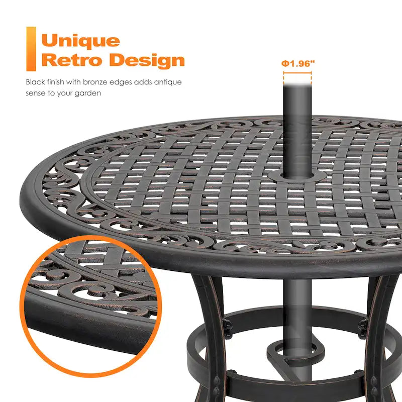 NUU GARDEN 35 Patio Cast Aluminum Dining Table with Umbrella Hole