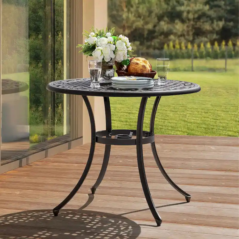 NUU GARDEN 35 Patio Cast Aluminum Dining Table with Umbrella Hole