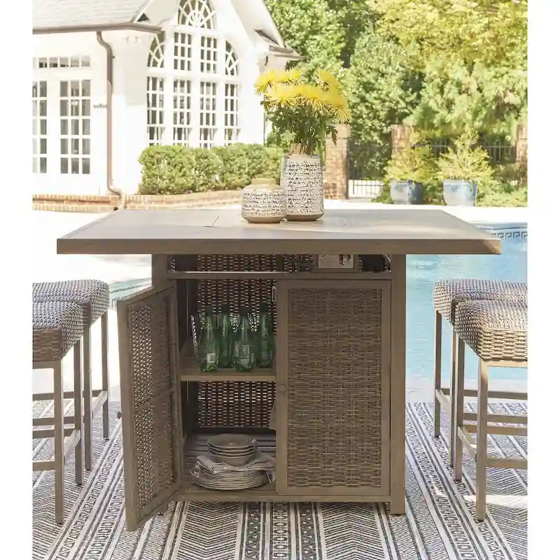 Signature Design by Ashley Walton Bridge Driftwood Outdoor Bar Table with Fire Pit - 55.75 W x 55.75 D x 39.13 H